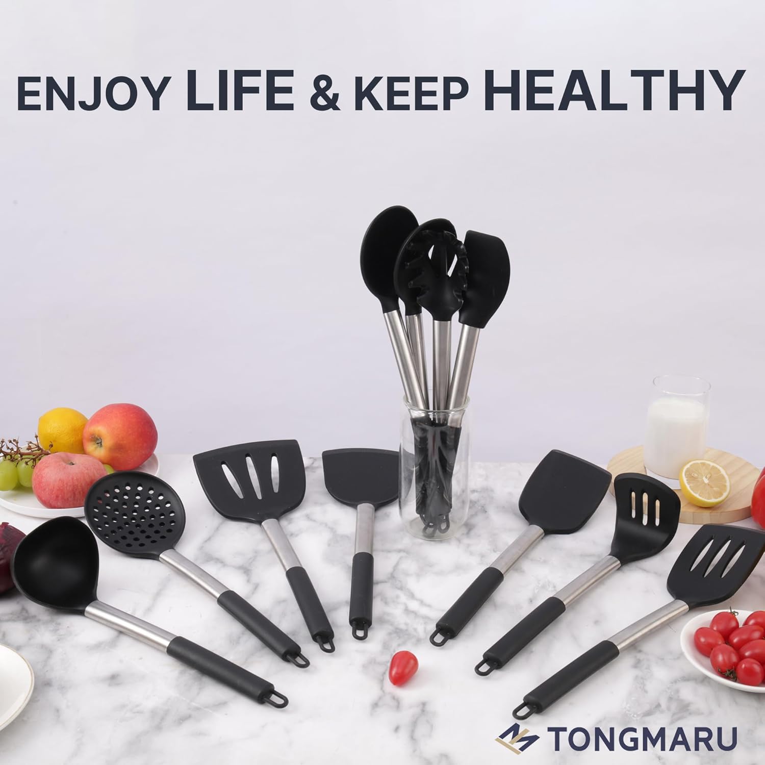 Kitchen Utensil Set 11 PCS Cooking Utensils With Plastic Utensil Holder, Non-stick Silicone and Heat Resistant Wooden Utensils.