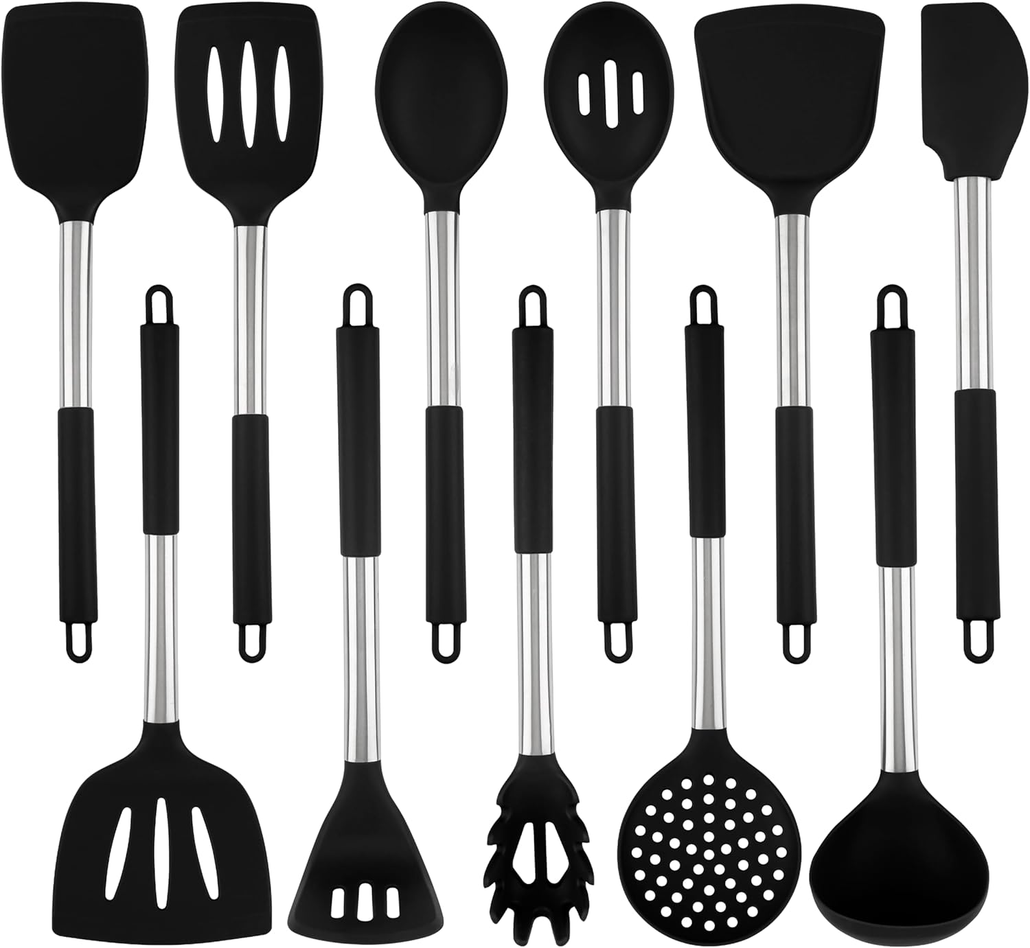 Kitchen Utensil Set 11 PCS Cooking Utensils With Plastic Utensil Holder, Non-stick Silicone and Heat Resistant Wooden Utensils.